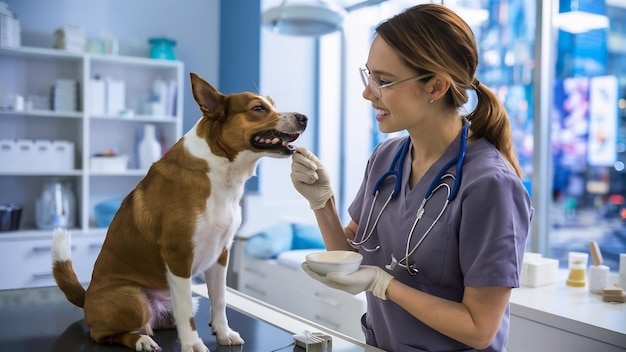 Mid section of female veterinarian feeding dog in clinic