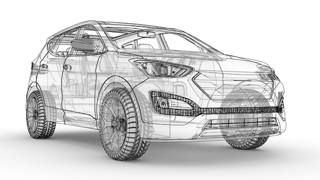 Mid-size city crossover. An illustration on a white background, the car is outlined by lines and has a translucent body. 3d rendering.