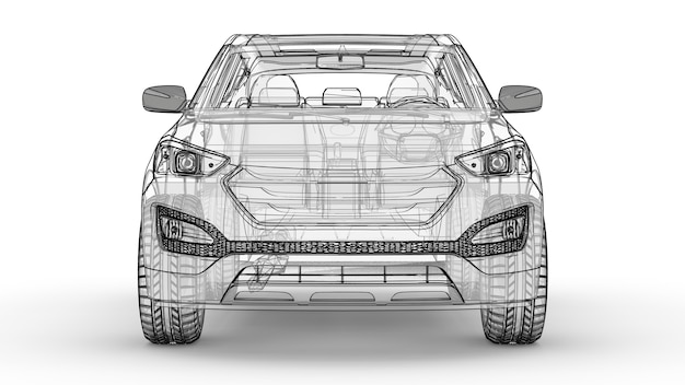 中規模の都市のクロスオーバー。白い背景のイラスト、車は線で囲まれ、半透明のボディを持っています。 3Dレンダリング。