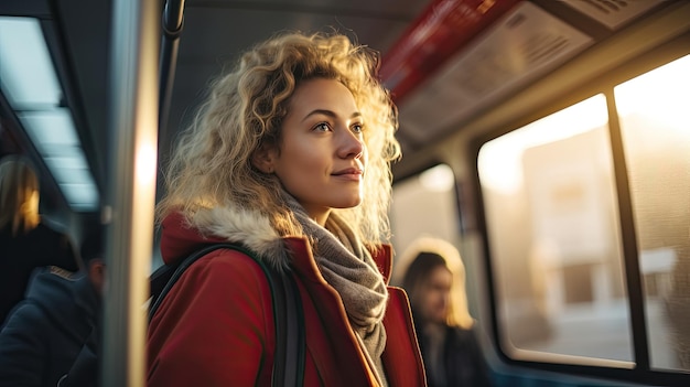 中年の女性通勤者がバスに立って公共交通機関で移動している