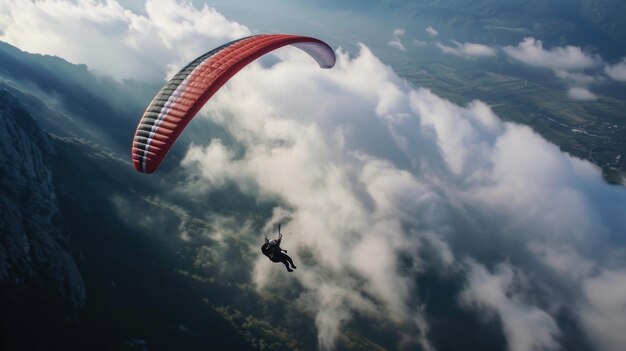 A midair shot of the paraglider soaring through the clouds their visor reflecting the stunning view