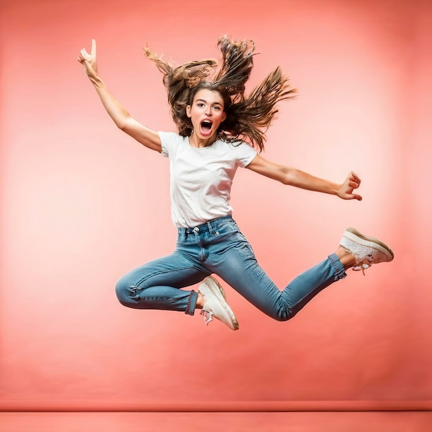 Снимок в воздухе довольно счастливой молодой женщины, прыгающей и жестикулирующей на фоне коралловой студии