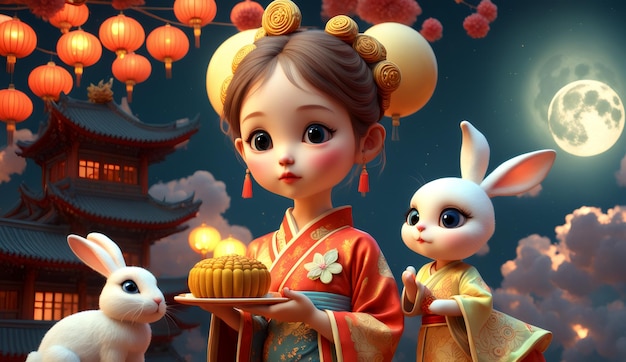 MidAutumn festival 3D wallpaper very cute girl with rabbit 3d wallpaper desktop chinese rabbit