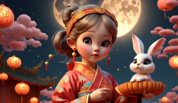 MidAutumn festival 3D wallpaper very cute girl with rabbit 3d wallpaper desktop chinese rabbit