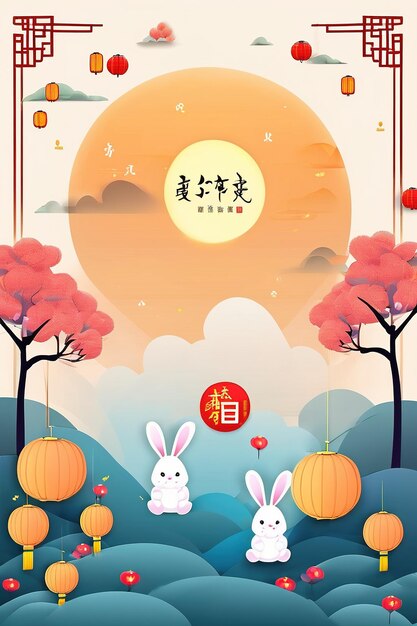 MidAutumn Festival banner illustration Moon rabbits picnicking outdoors holiday celebrations