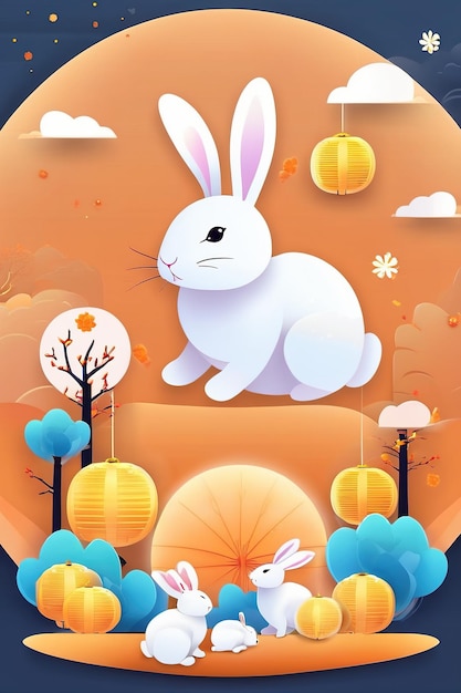 MidAutumn Festival banner illustration Moon rabbits picnicking outdoors holiday celebrations