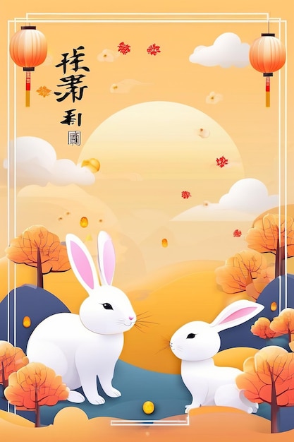 MidAutumn Festival banner illustration Moon rabbits picnicking outdoors holiday celebrations