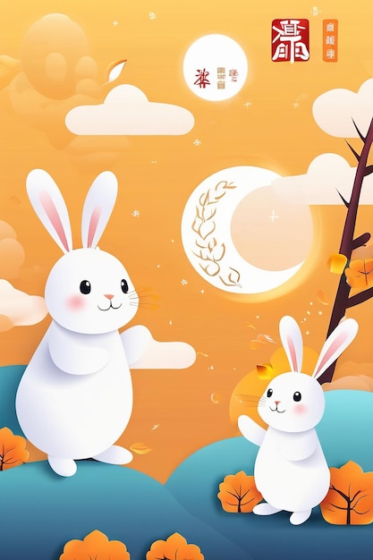 MidAutumn Festival banner illustration Moon rabbits picnicking outdoors holiday celebrations