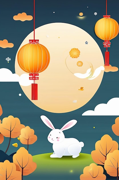 MidAutumn Festival banner illustration Moon rabbits picnicking outdoors holiday celebrations