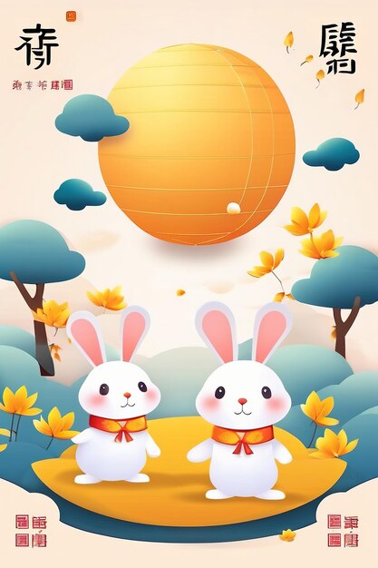 Midautumn festival banner illustration moon rabbits picnicking outdoors holiday celebrations