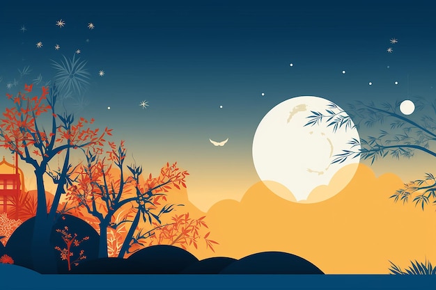 MidAutumn Festival BannerBeautiful autumn landscape with moon trees and lantern Copy space