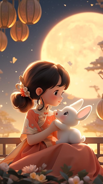 midautumn festival chang'e flying to the moon rabbit moon cake traditional festival illustration