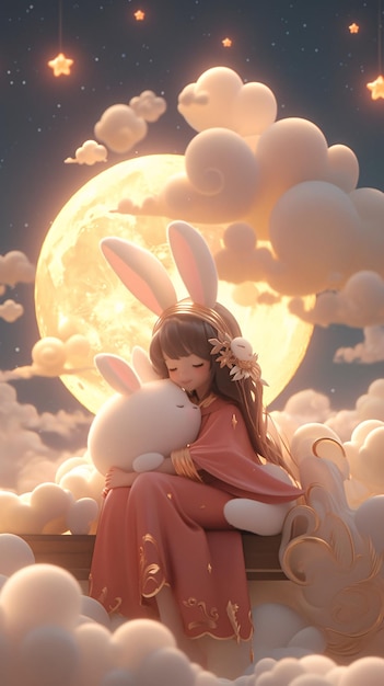 midautumn festival chang'e flying to the moon rabbit moon cake traditional festival illustration