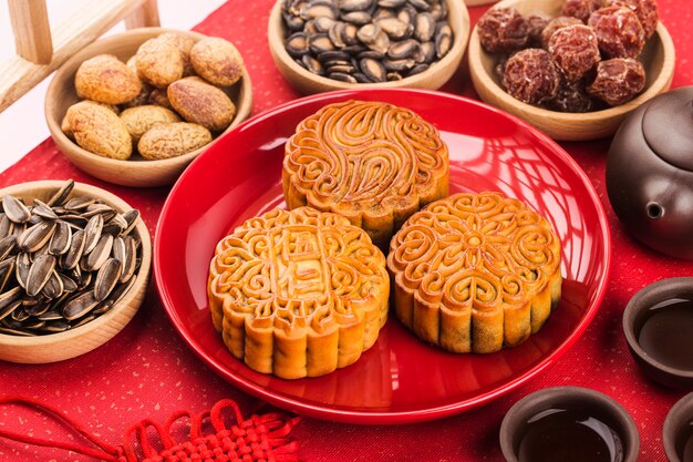 MidAutumn Festival concept Traditional mooncakes on table  with teacup