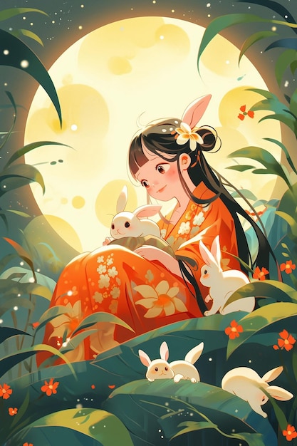 MidAutumn Festival girl holding a rabbit illustration Chang039e flying to the moon