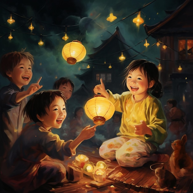 Midautumn festival mooncakes Chuseok day with beautiful girl Lanterns