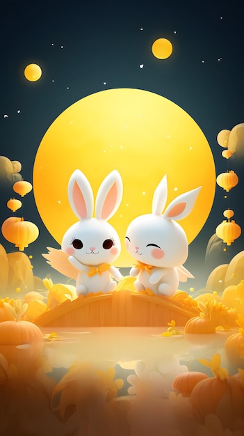 Midautumn festival poster cartoon cute clay bunny stereoscopic clouds background