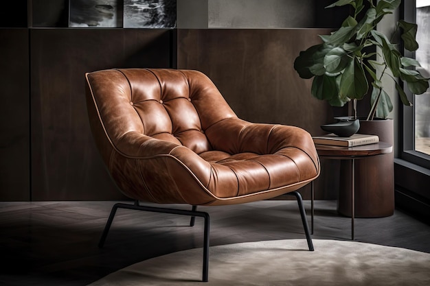 Midcentury armchair with plush leather seating and distinctive metal legs created with generative ai