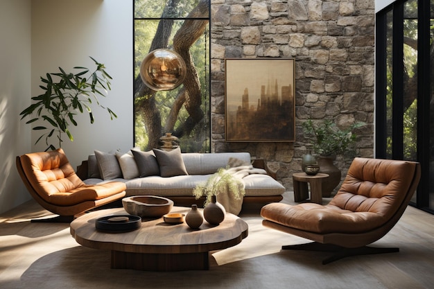 Photo midcentury home interior design of a modern living room with two brown lounge chairs
