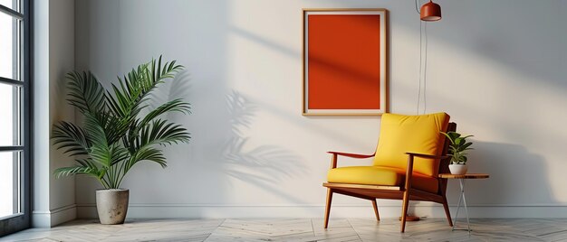 Photo the midcentury living room design is given life with a dazzling armchair over a blank wall and space generative ai