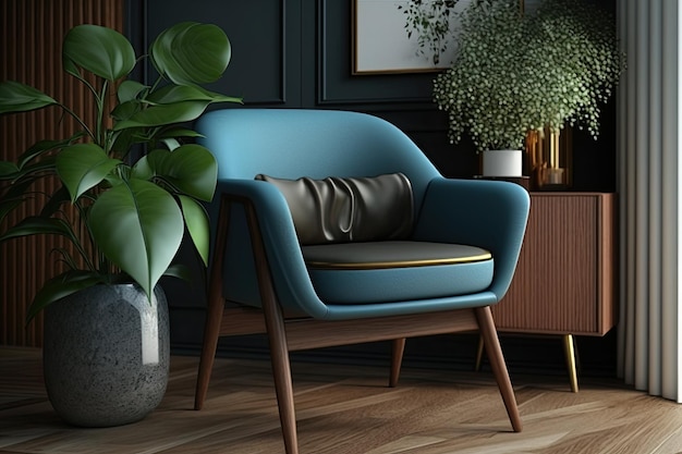 Midcentury modern armchair with sleek wooden legs and cushioned seat created with generative ai