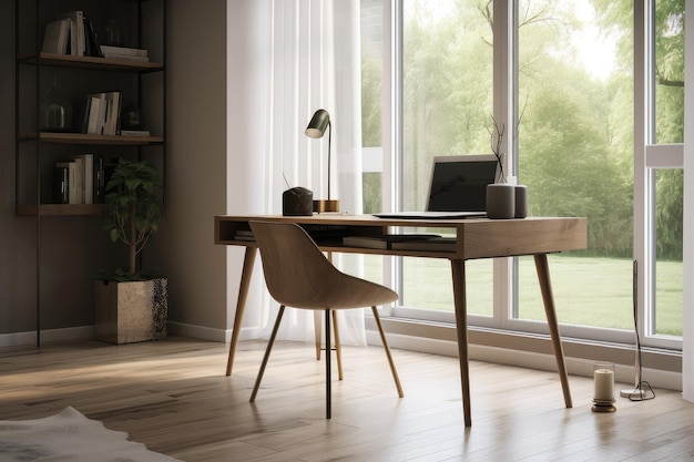 Midcentury modern bureau met strak en minimalistisch design omgeven door natuurlijk licht