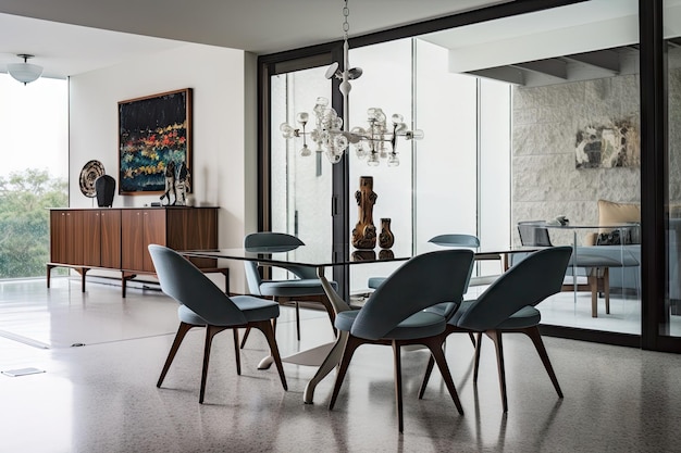 Midcentury modern dining room with sleek chairs and glassware