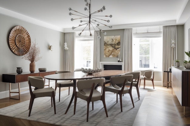 Midcentury modern dining room with sleek and elegant dining table chairs and chandelier