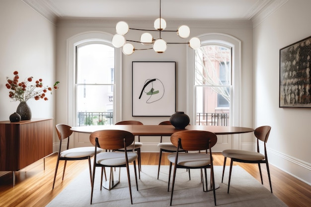 Photo midcentury modern dining room with sleek table and chairs and pendant lighting