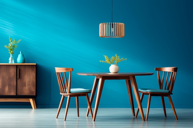 Midcentury modern dining room with wooden table and chairs against a vibrant blue wall