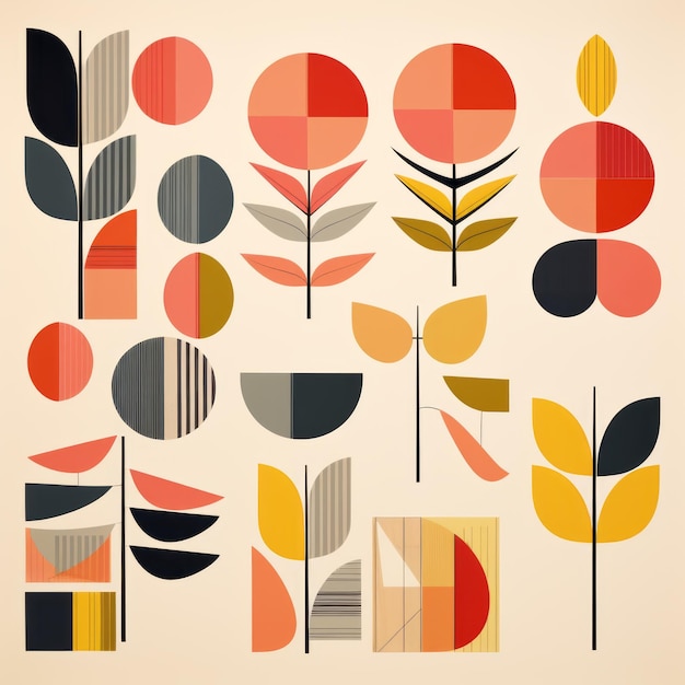 Midcentury Modern Geometric Floral Artwork Collection (Moderne geometrische bloemenkunstverzameling van het midden van de eeuw)