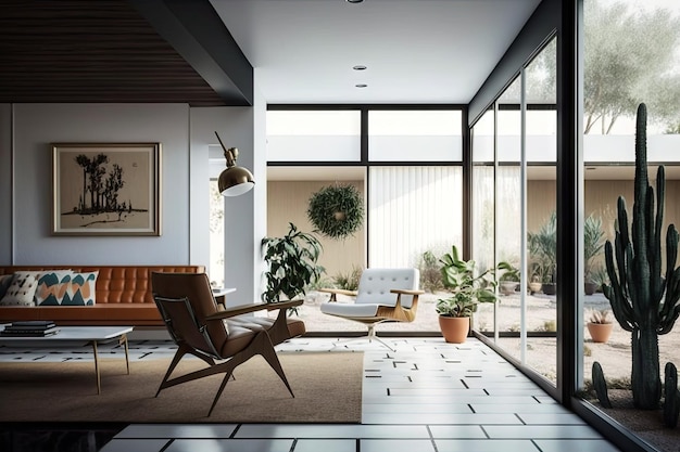 Midcentury modern home with minimalistic decor and sleek furnishings created with generative ai