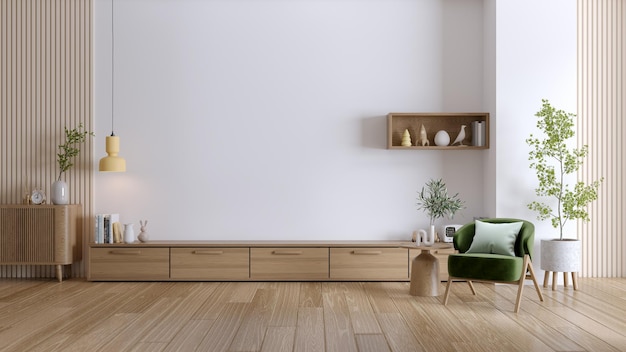 Midcentury modern huisontwerp interieur van woonkamer fauteuil met houten kast TV aan de muur gemonteerd