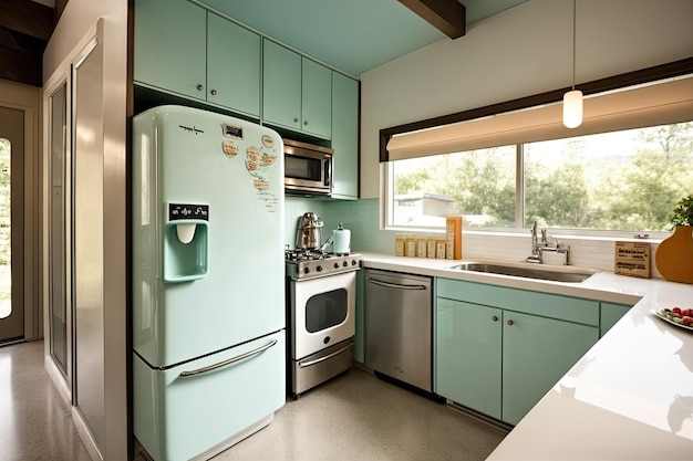 Midcentury modern kitchen with sleek countertops stainless steel appliances and a vintage coffee maker