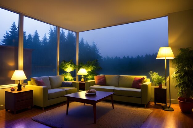 midcentury modern living room dimly lit with dark rainy evening outside