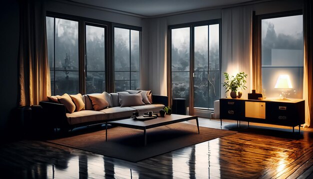 midcentury modern living room dimly lit with dark rainy evening outside