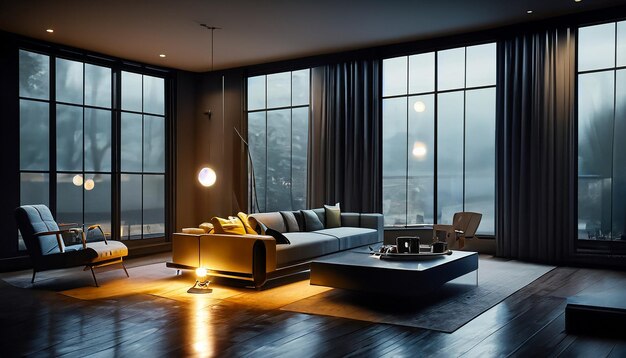 midcentury modern living room dimly lit with dark rainy evening outside