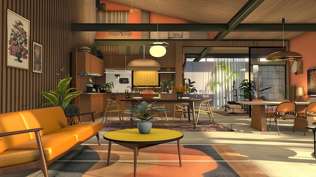 Photo midcentury modern living room interior with retro furniture and 70s decor the room is decorated with warm colors such as orange brown and yellow