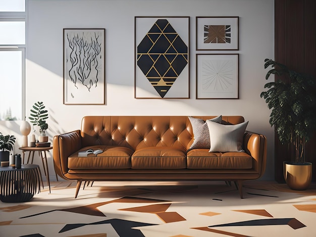 Midcentury Modern Living Room met Tan Leat ai generatief