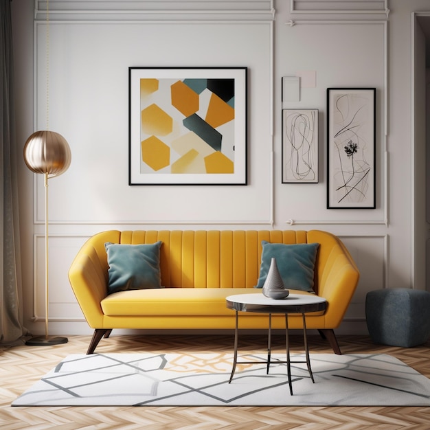 Midcentury modern living room with mustard yellow sofa and single frame mockup