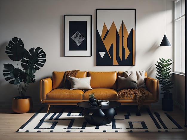 MidCentury Modern Living Room with Tan Leat ai generative