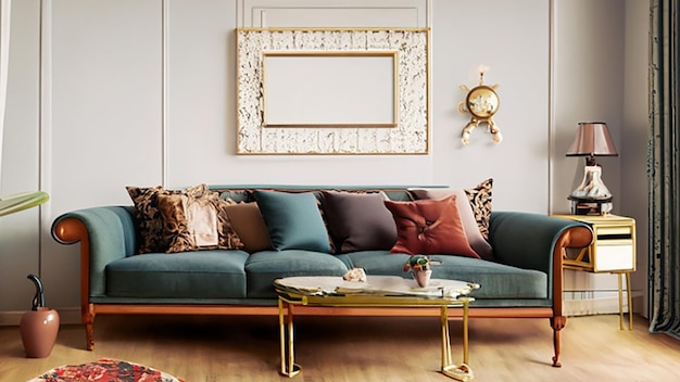 Midcentury modern lounge area with a retroinspired sofa and vintage decor