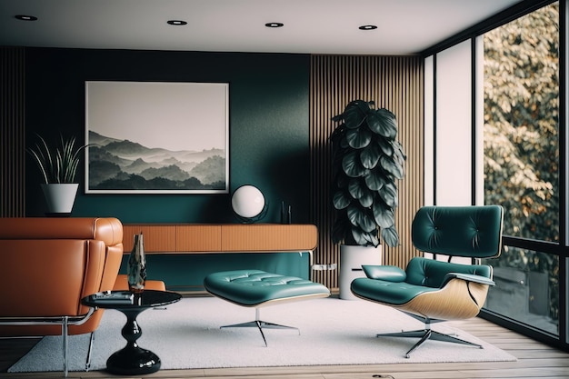 Midcentury modern lounge with sleek lines and minimalist design