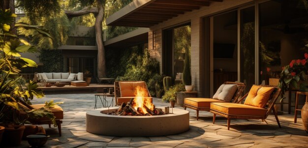 Midcentury modern patio with a fire Generative AI