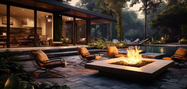 Midcentury modern patio with a fire Generative AI