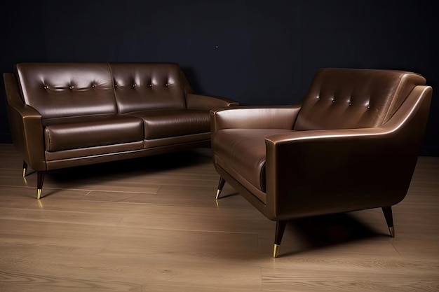 Midcentury modern sofa and armchair pair in rich leather with brass accents