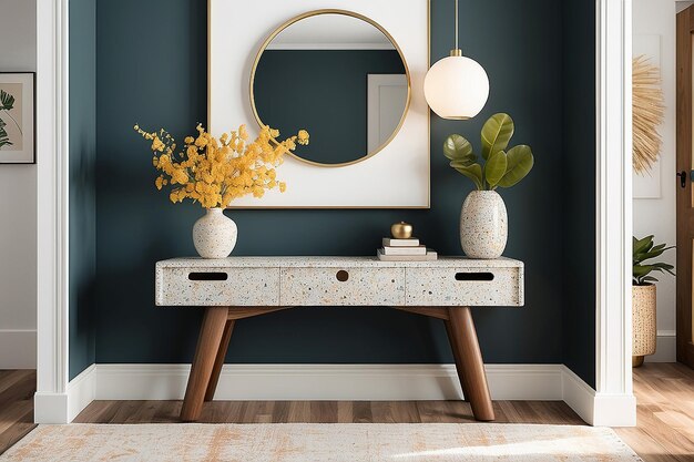 Midcentury modern terrazzo console table in an entryway