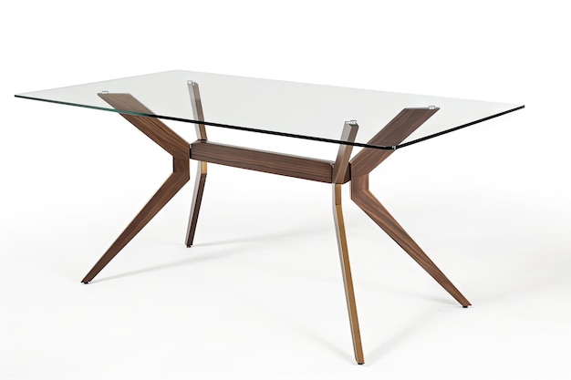 Midcentury moderne eettafel met strakke metalen poten en glazen blad