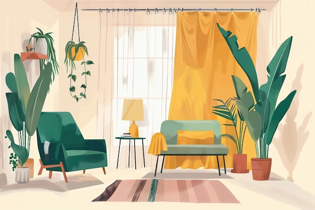 Midcentury Moderne interieur met planten Minimalistisch kleurrijk retro kamerdesign met bank