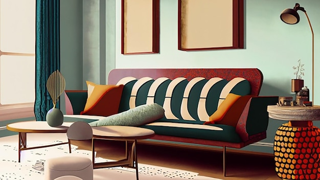 Midcentury moderne lounge met een retro geïnspireerde bank en vintage decor